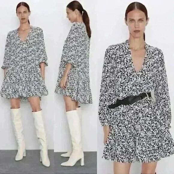 Zara Black & White Abstract Floral Print Long Sleeve Mini Dress - Size S - Picture 8 of 10